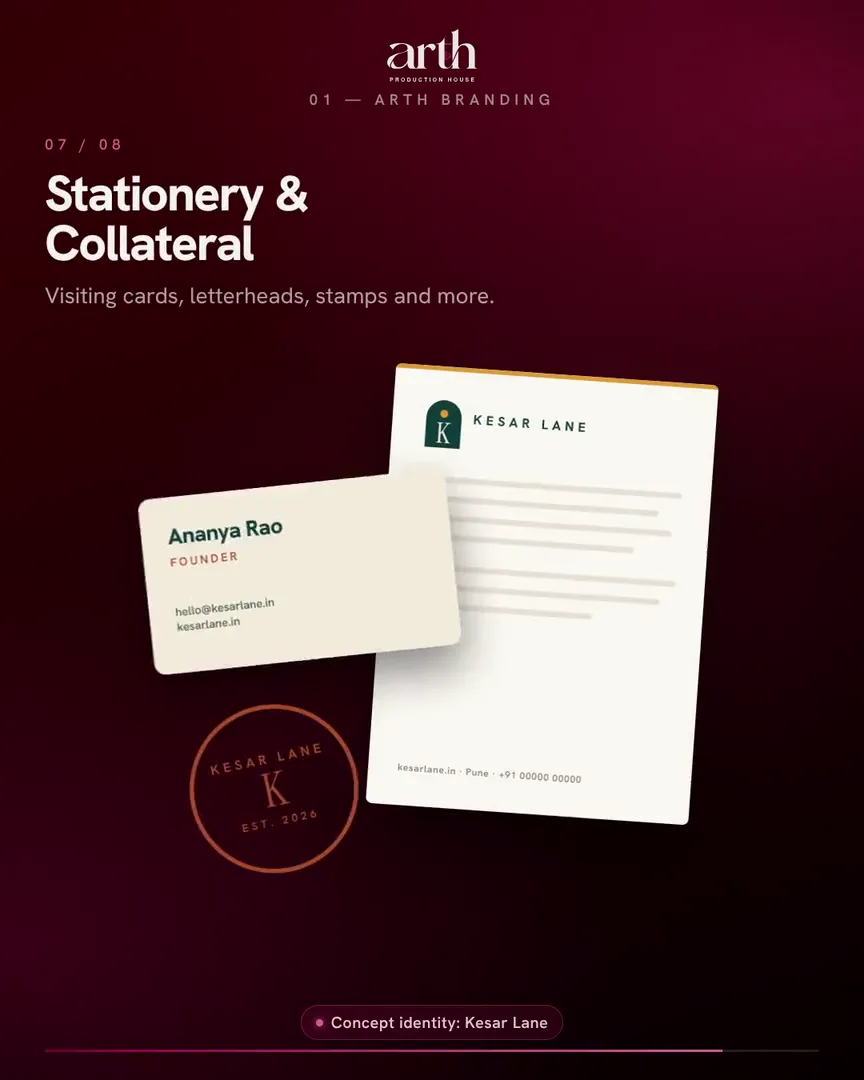 Stationery from Arth's Kesar Lane concept identity: a business card, letterhead and stamp
