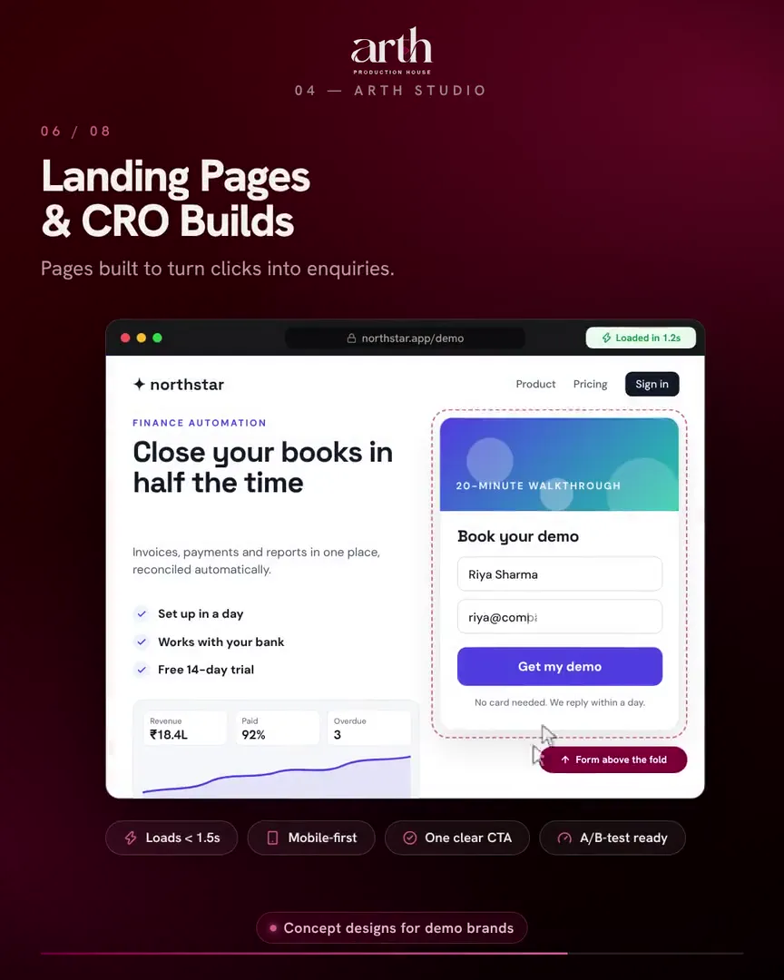 A landing page from Arth's Studio film, with a booking form built to turn visits into enquiries